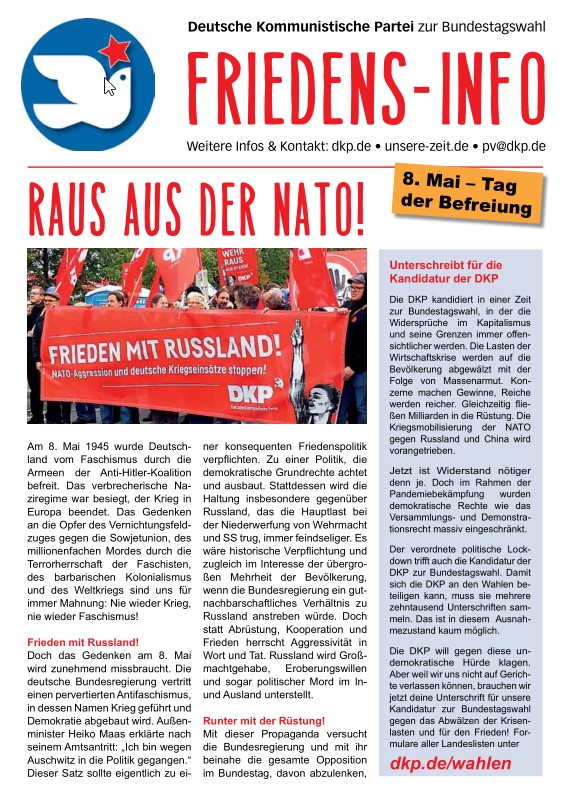 DKP-Information Friedens-Info 2021: Raus aus der NATO! Info 8.Mai  (PDF, 0.54 MB)